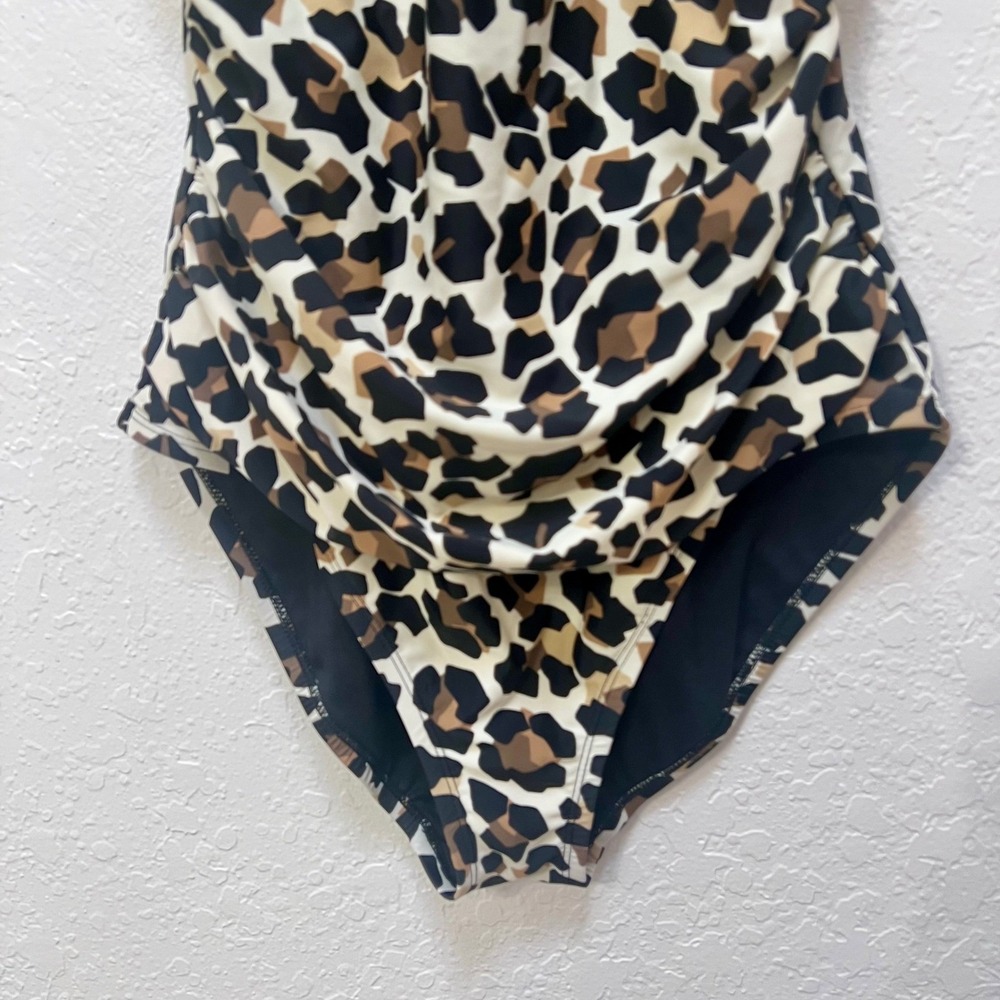 Ellen Tracy One Piece Swimsuit Leopard Print Halter Neck Keyhole Ruched Size 14 - Picture 3 of 7